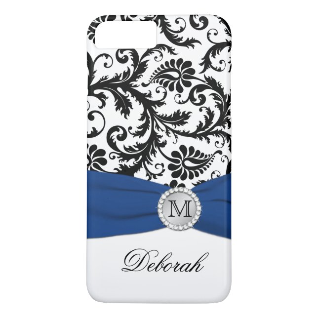 Monogram Black, White, Blue Damask iPhone 7 Case (Back)