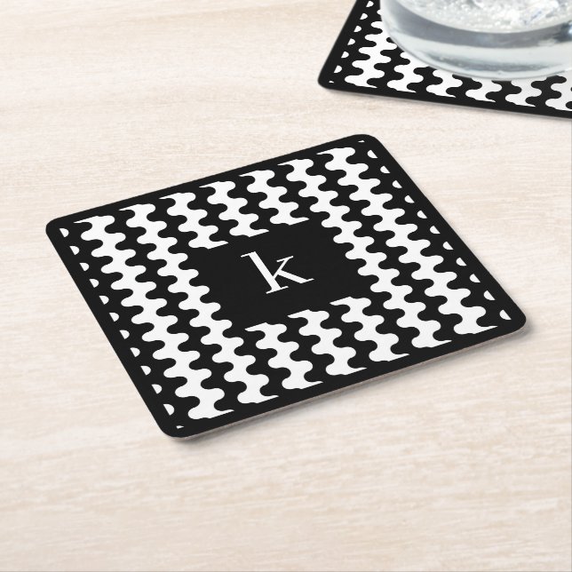 Monogram Black White Bold Wavy Pattern Square Paper Coaster (Angled)