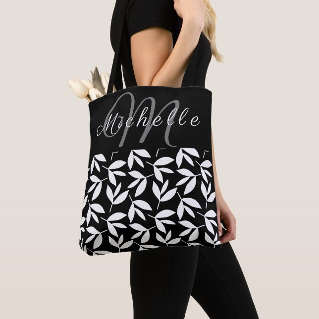 Monogram black & white botanical pattern tote bag (Close Up)