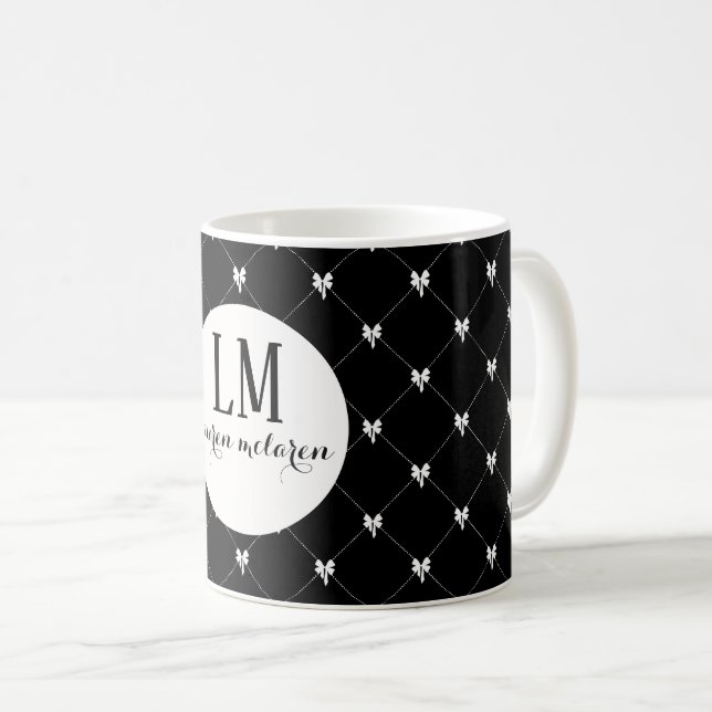 Monogram Black & White Bow Script Coffee Mug (Front Right)