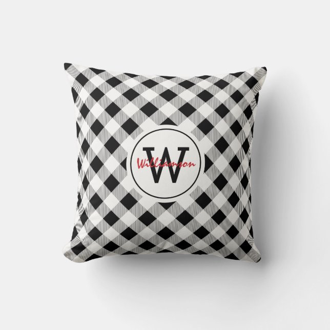 Monogram Black White Buffalo Check Pillow (Front)