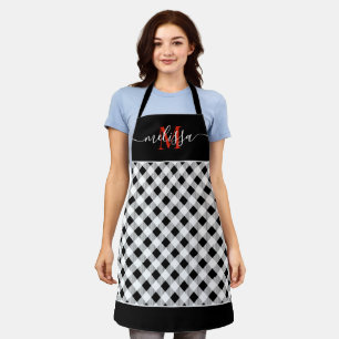 Monogram Black White Buffalo Plaid Apron