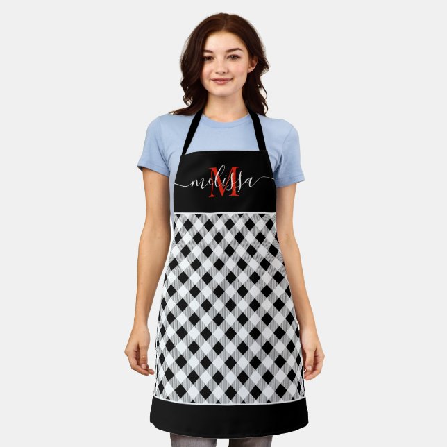 Monogram Black White Buffalo Plaid Apron (Worn)