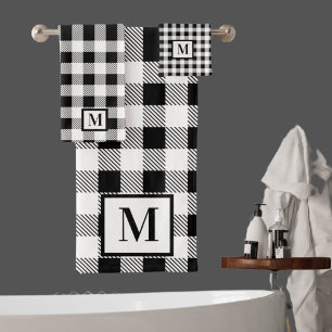 Monogram Black  White Buffalo Plaid Bath Towel Set