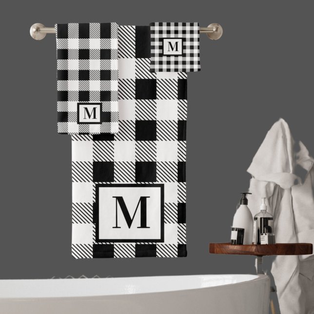 Monogram Black  White Buffalo Plaid Bath Towel Set (Creator Uploaded)