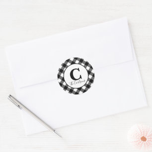 Monogram Black White Buffalo Plaid Farmhouse Classic Round Sticker