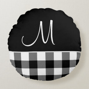 Monogram Black White Buffalo Plaid Farmhouse Round Cushion