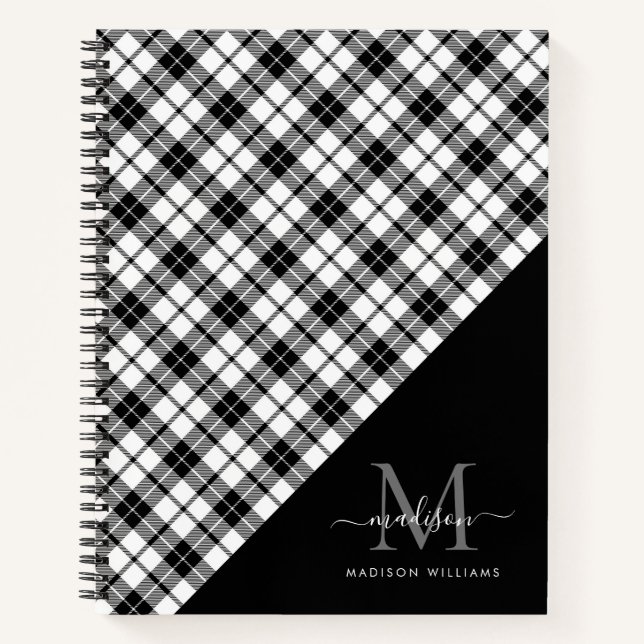 Monogram Black White Buffalo Plaid Girly Script Notebook (Front)