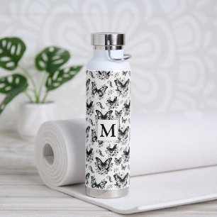 Monogram Black White Butterfly Pattern Water Bottle