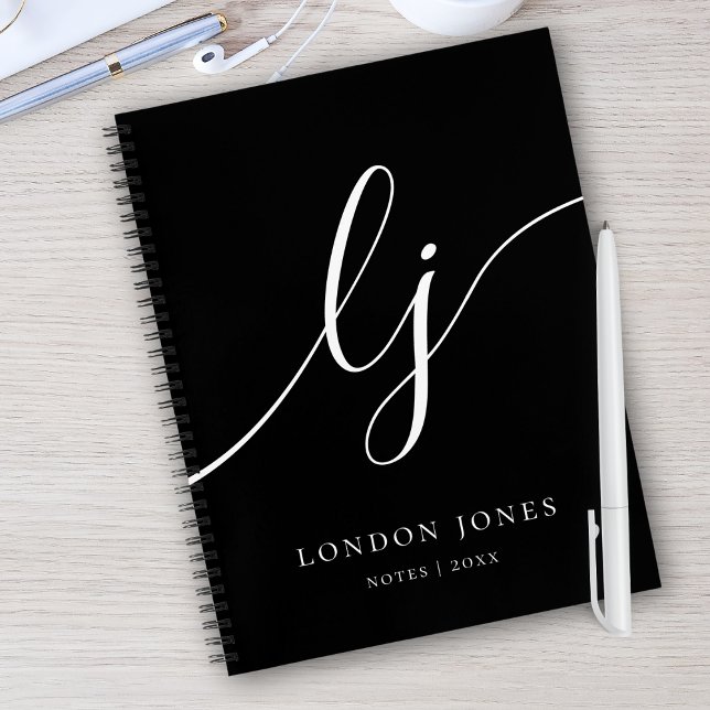 Monogram Black White Calligraphy 2 Initials Script Notebook (Creator Uploaded)