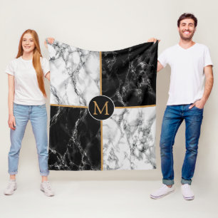 Monogram Black White Check Marble Fleece Blanket