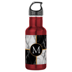 Monogram Black White Check Marble Water Bottle