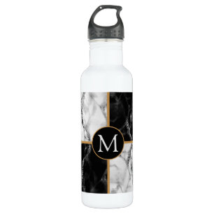 Monogram Black White Check Marble Water Bottle