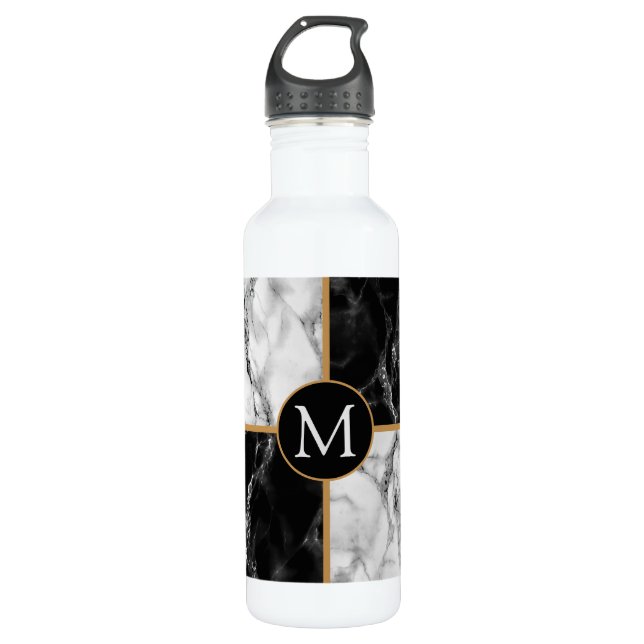 Monogram Black White Check Marble Water Bottle (Front)
