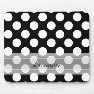 Monogram Black White Chic Polka Dot Pattern Mouse Mat