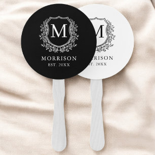 Monogram Black White Crest Botanical Wedding Hand Fan
