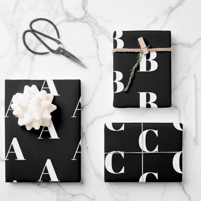 Monogram black white custom initial letter modern wrapping paper sheet (Front)