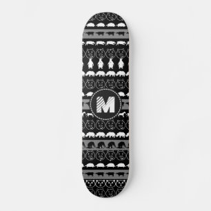 Monogram Black White Cute Animals Pattern #2 Skateboard