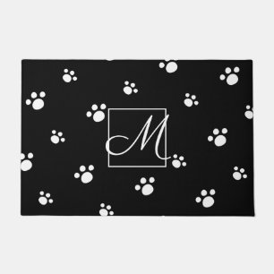 Monogram   Black & White Cute Puppy Dog Paw Print Doormat