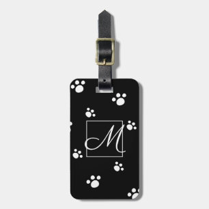 Monogram   Black & White Cute Puppy Dog Paw Print Luggage Tag