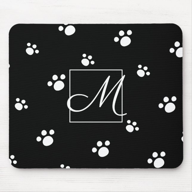 Monogram | Black & White Cute Puppy Dog Paw Print Mouse Mat (Front)
