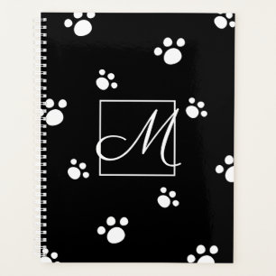 Monogram   Black & White Cute Puppy Dog Paw Print Planner
