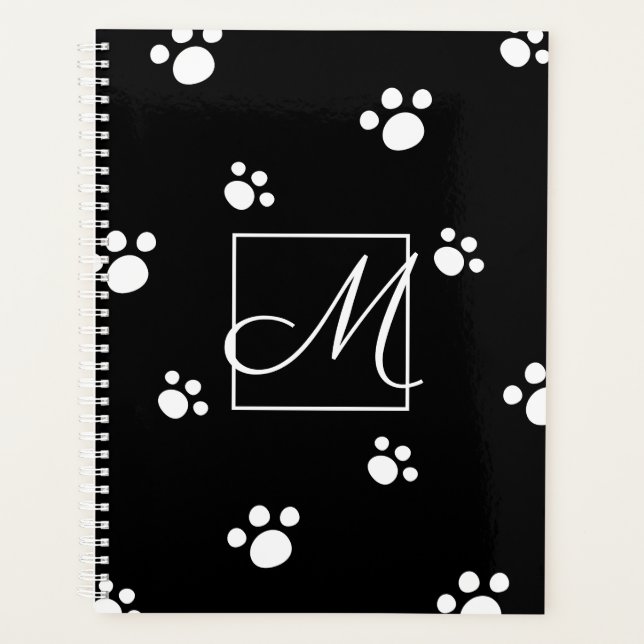 Monogram | Black & White Cute Puppy Dog Paw Print Planner (Front)