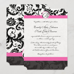 Monogram Black & White Damask Pink Trim Invitation