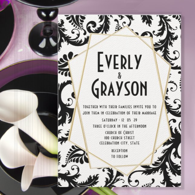 Monogram Black & White Damask Wedding Invitation (Creator Uploaded)