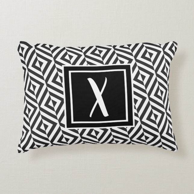 Monogram Black & White Diamond Pattern Decorative Cushion (Front)