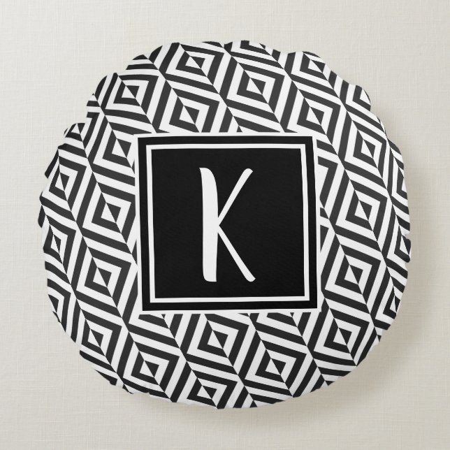 Monogram Black & White Diamond Pattern Round Cushion (Front)