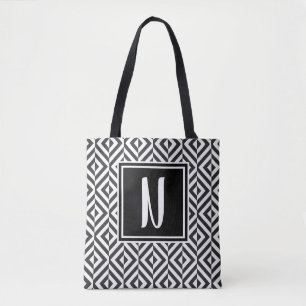 Monogram Black & White Diamond Pattern Tote Bag