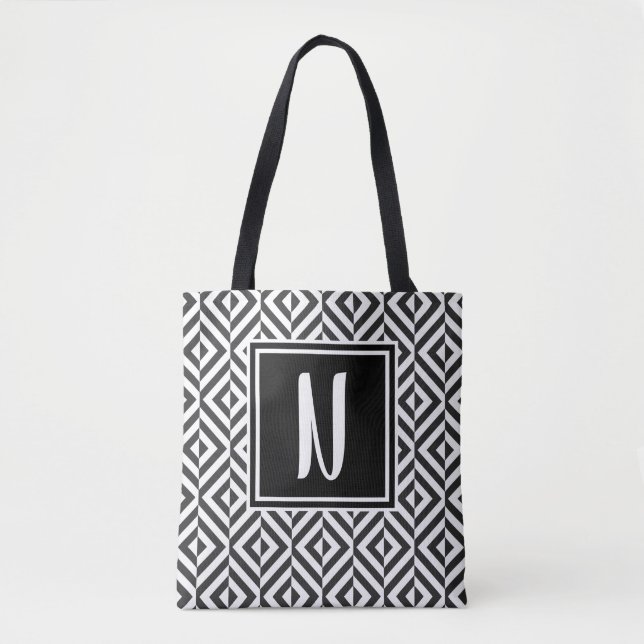 Monogram Black & White Diamond Pattern Tote Bag (Front)