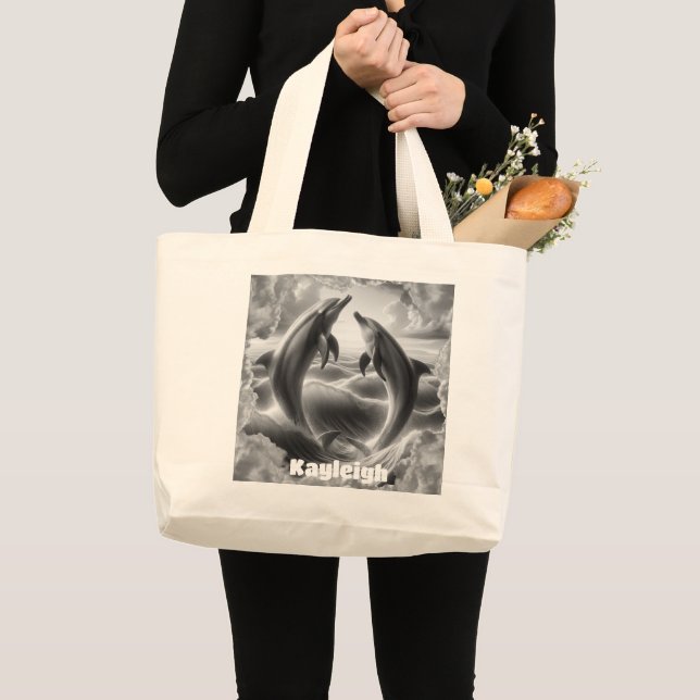 Monogram Black & White Dolphins Ocean | Large Tote Bag (Front (Product))