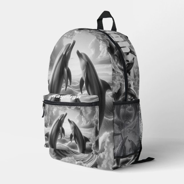 Monogram Black & White Dolphins Ocean | Printed Backpack (Back Corner Right)