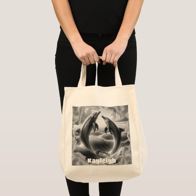 Monogram Black & White Dolphins Ocean | Tote Bag (Front (Product))