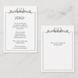 Monogram Black White Floral Border Wedding Details Enclosure Card
