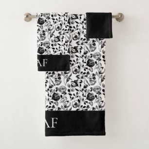 Monogram Black White Floral Line Art Gift Bath Towel Set