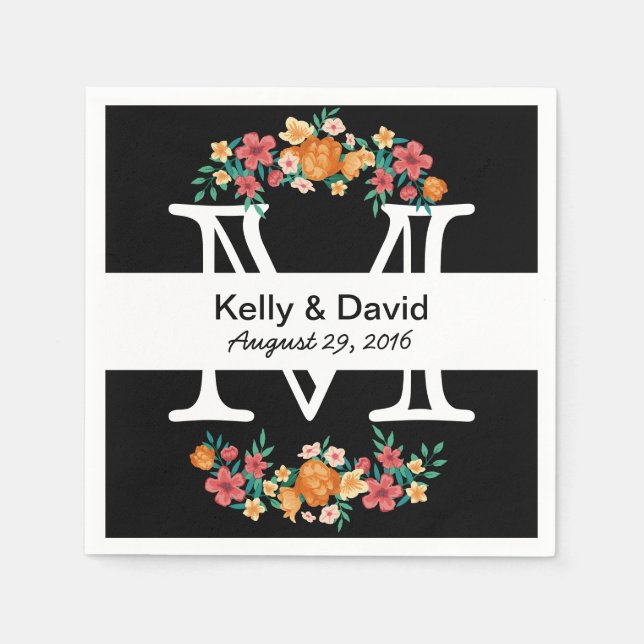 Monogram Black & White Floral Wedding Napkin (Front)