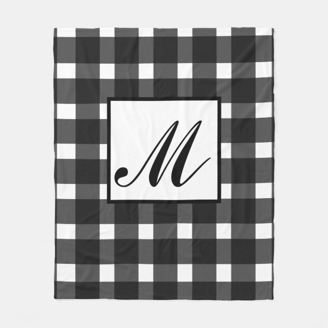 Monogram Black White Gingham Pattern Fleece Blanket (Front)