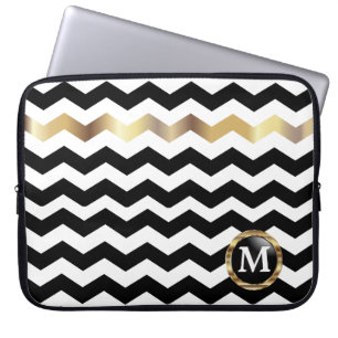 Monogram Black, White & Gold Chevron Stripes Laptop Sleeve