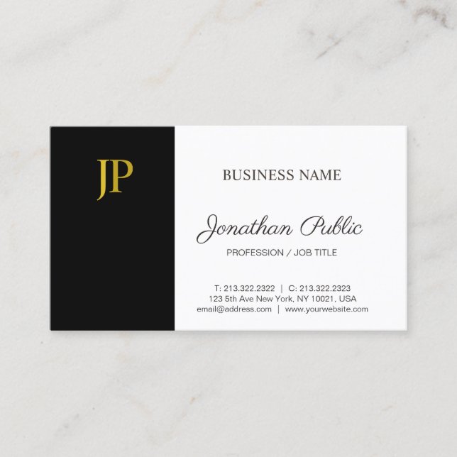 Monogram Black White Gold Modern Company Plain Business Card (Front)
