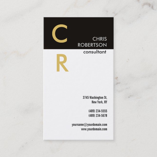 Monogram Black White Gold Plain Business Card (Front)