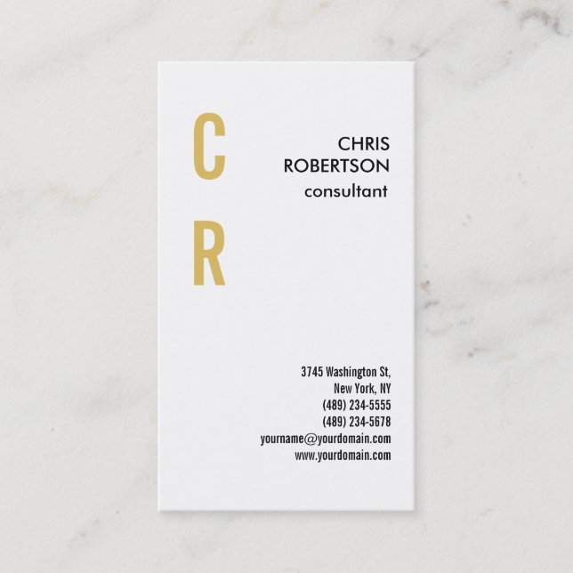 Monogram Black White Gold Plain Vertical Business Card (Front)