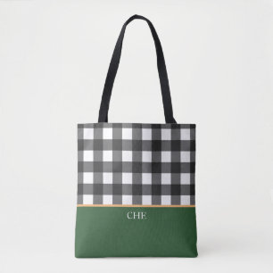Monogram Black White Green Checked Tote Bag