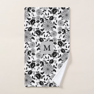 Monogram Black White Grey Flower Design Hand Towel