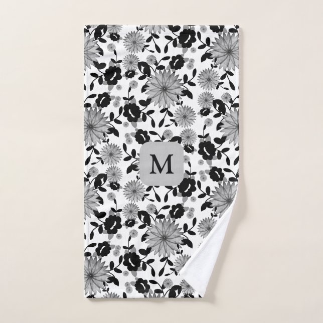 Monogram Black White Grey Flower Design Hand Towel (Hand Towel)