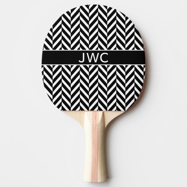 Monogram Black White Herringbone Ping Pong Paddle (Front)