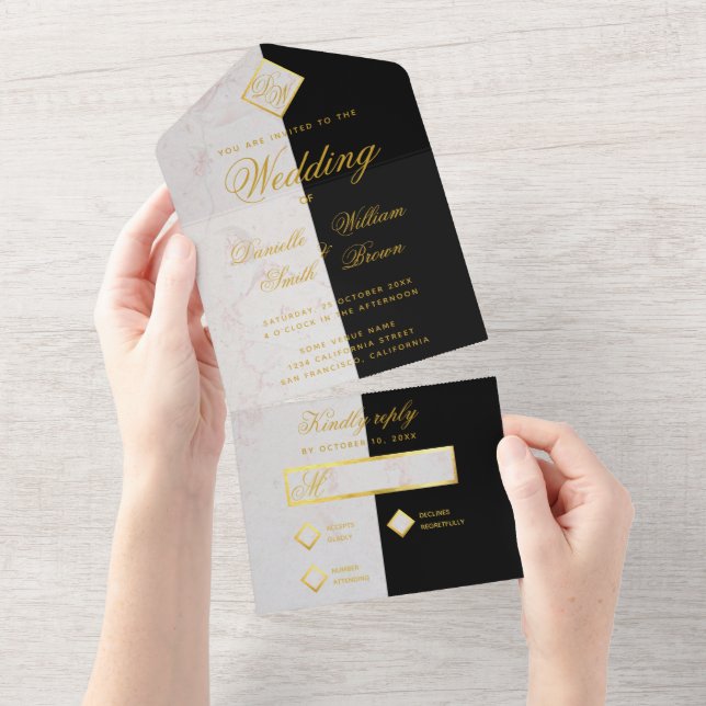 Monogram Black White Marble Faux Gold Foil Wedding All In One Invitation (Tearaway)