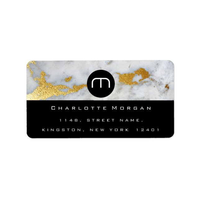 Monogram Black White Marble Gold Grey VIP  RSVP Label (Front)